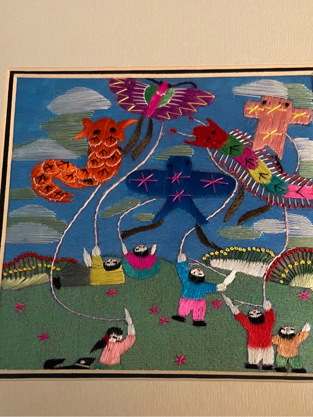 Hand-Embroidered Kites Wall Art - Colorful Scene. Unframed 8.5” Square